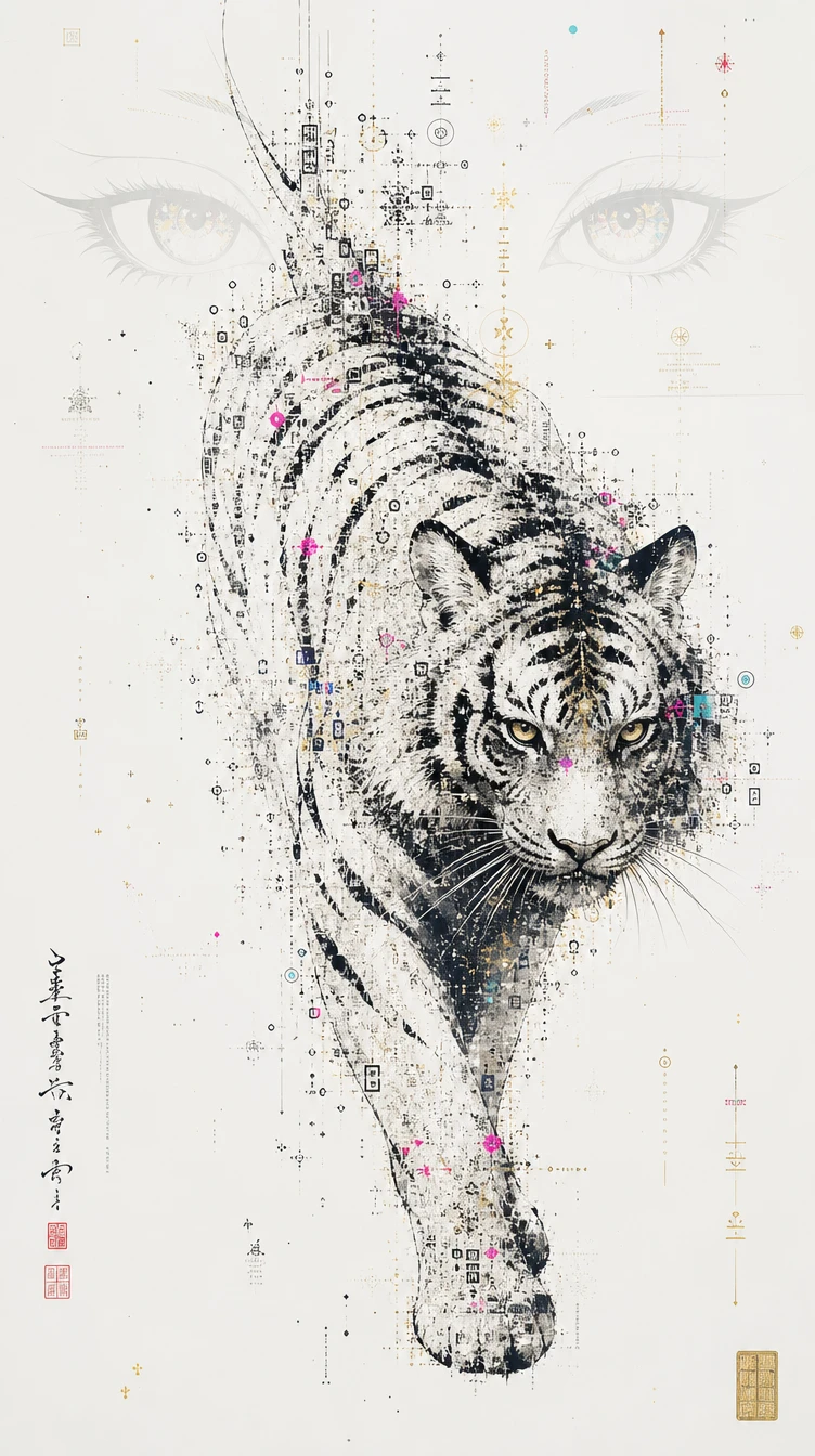 Von Sumi-e inspirierter Tiger, der sich in symbolische Mikrodetails auflöst