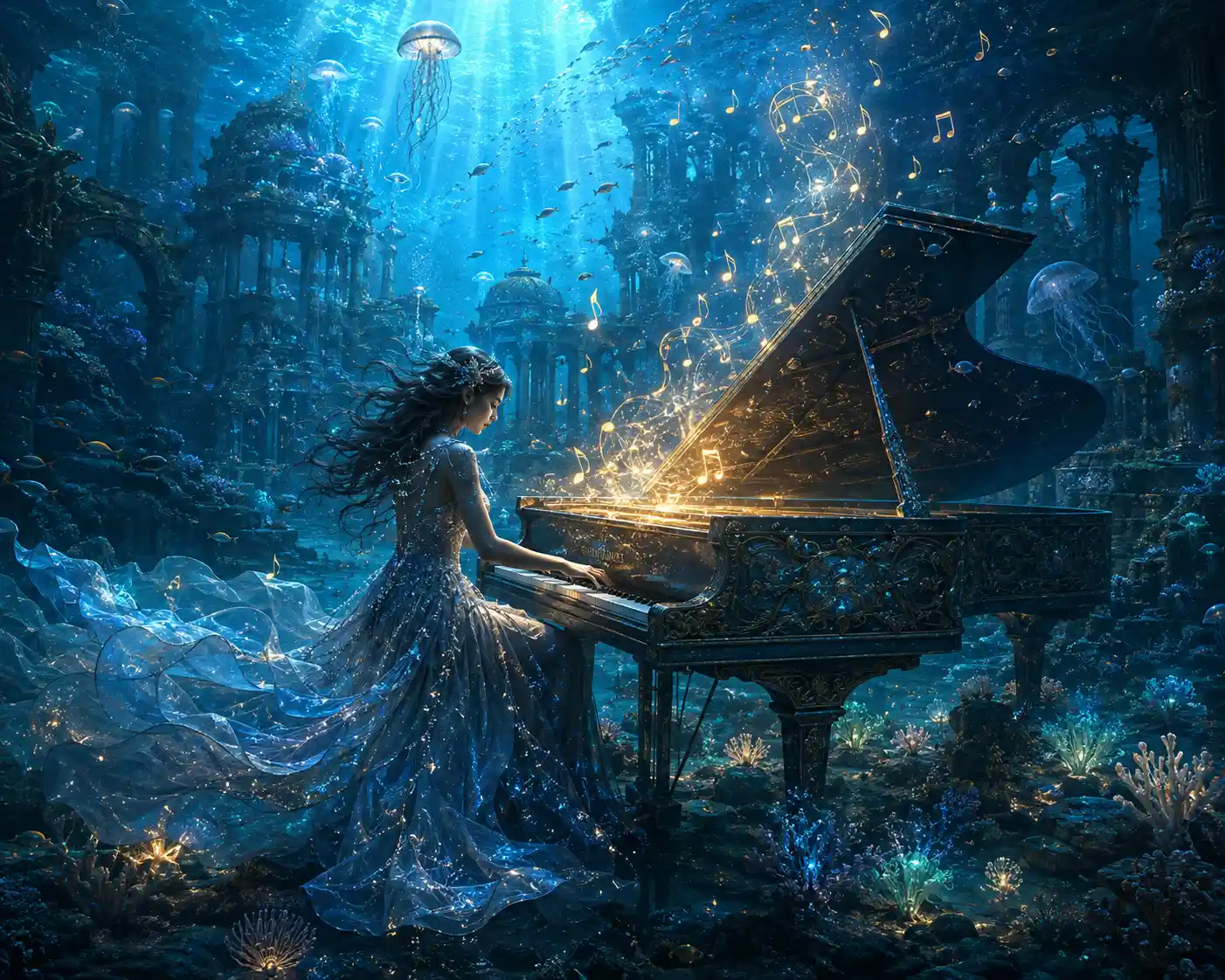 Pianista mística tocando um piano de cauda em uma cidade oceânica em ruínas