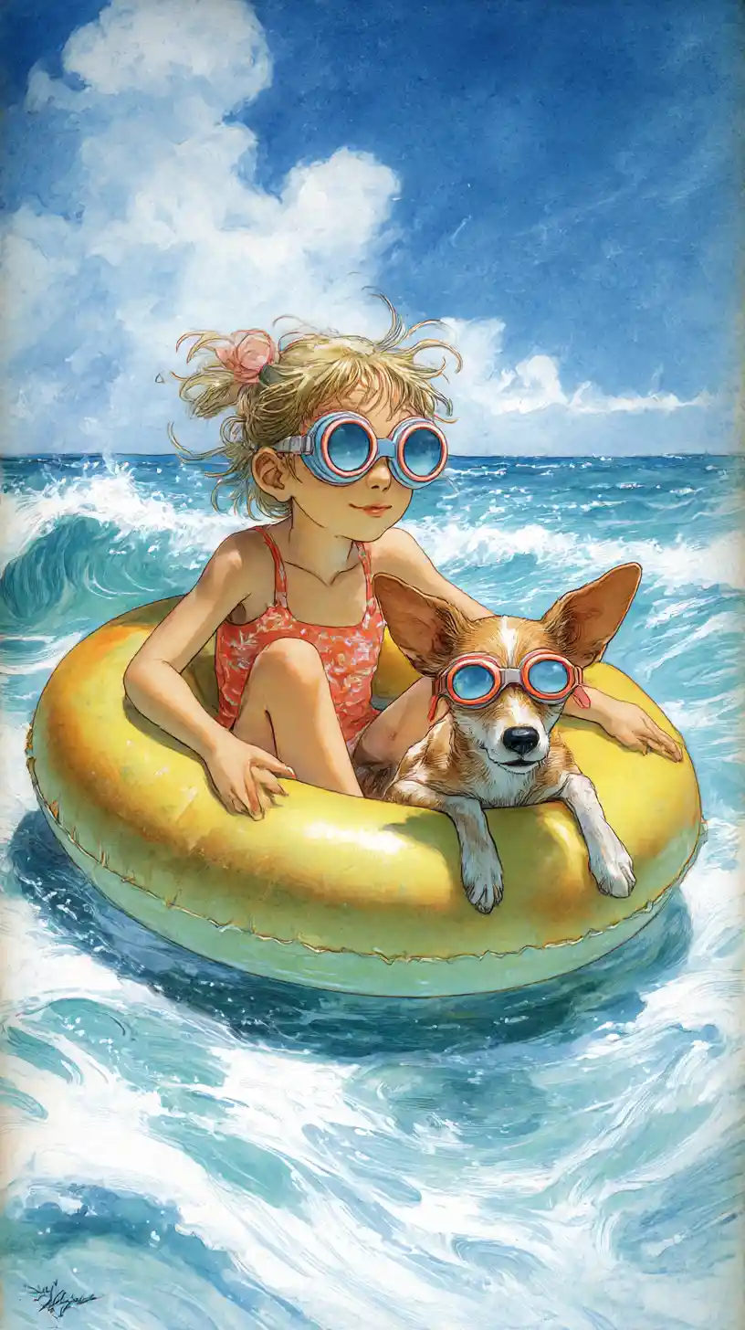 Playful girl and dog floating on a swim ring at sea