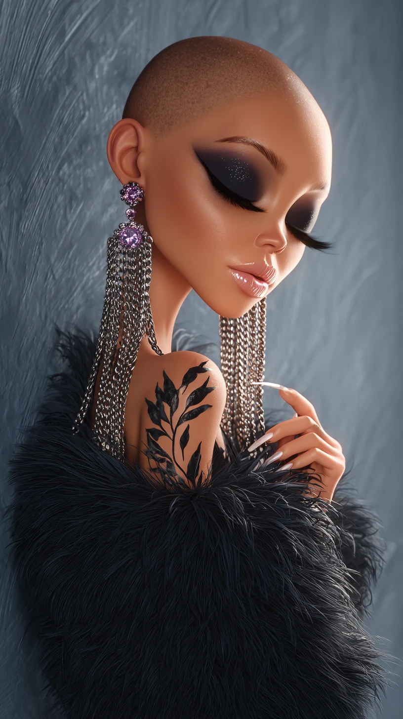 Glamorous bald woman in 3D caricatured portrait