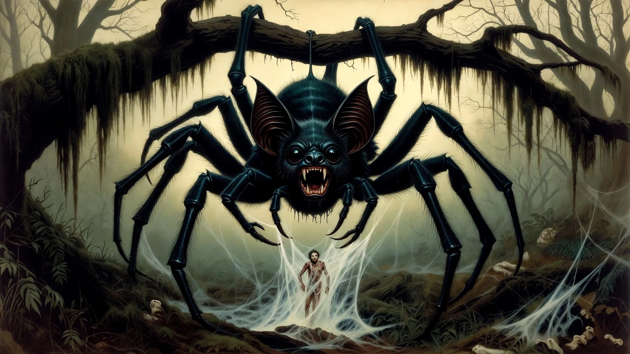 Monstruo araña-murciélago en un bosque oscuro encantado