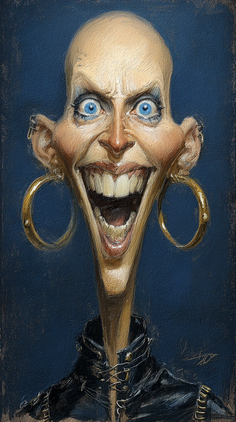 Dark fantasy caricature of a bald woman with long neck