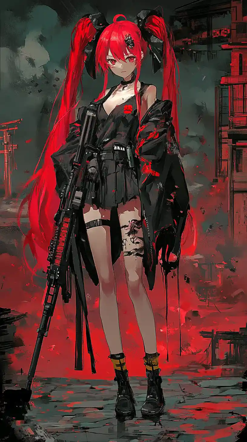 Garota de anime com rifle em uma zona de guerra urbana em chamas