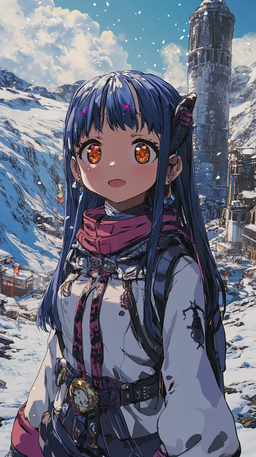 Garota de anime em vila nevada ao lado de torre de aço