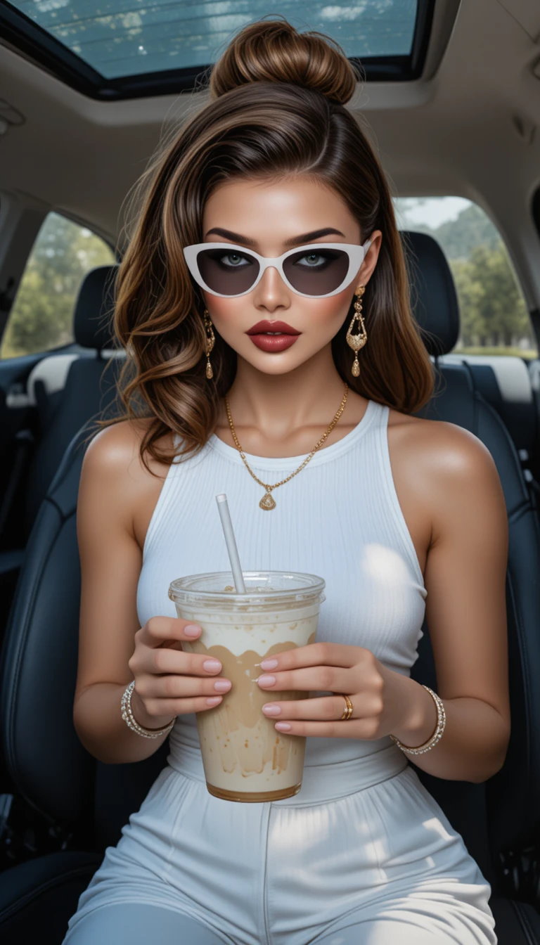 Garota loira com óculos shield tomando matcha gelado no carro