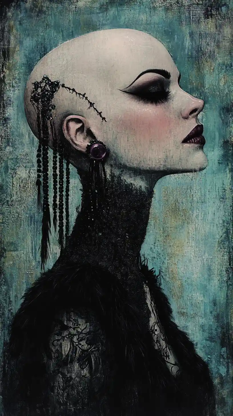Surreal gothic portrait of a stitched porcelain bald woman