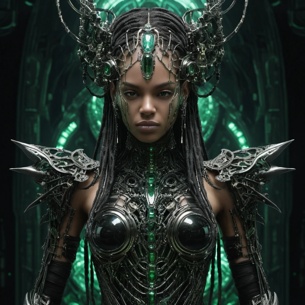 Deusa biomecânica em retrato com armadura infundida de lótus esmeralda