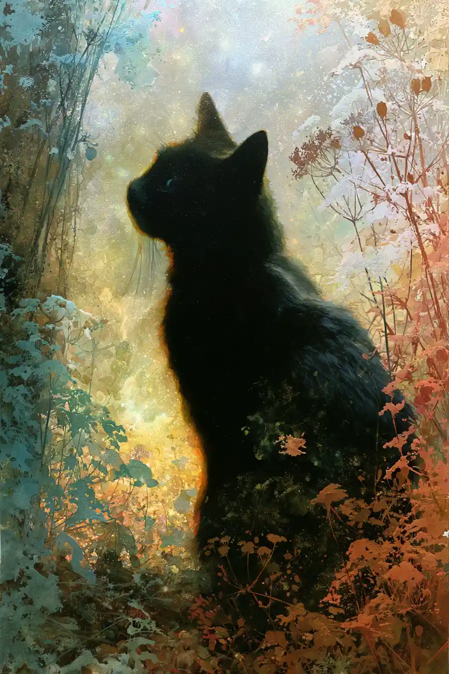 Cat discovering a quiet garden of fallen stars