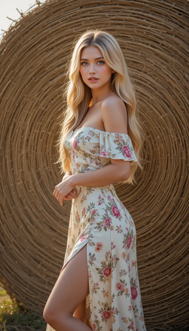 Elegant blonde woman posing by hay bale at sunset