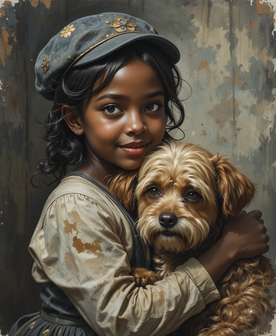 Niña negra abrazando a un perro desaliñado con luz suave