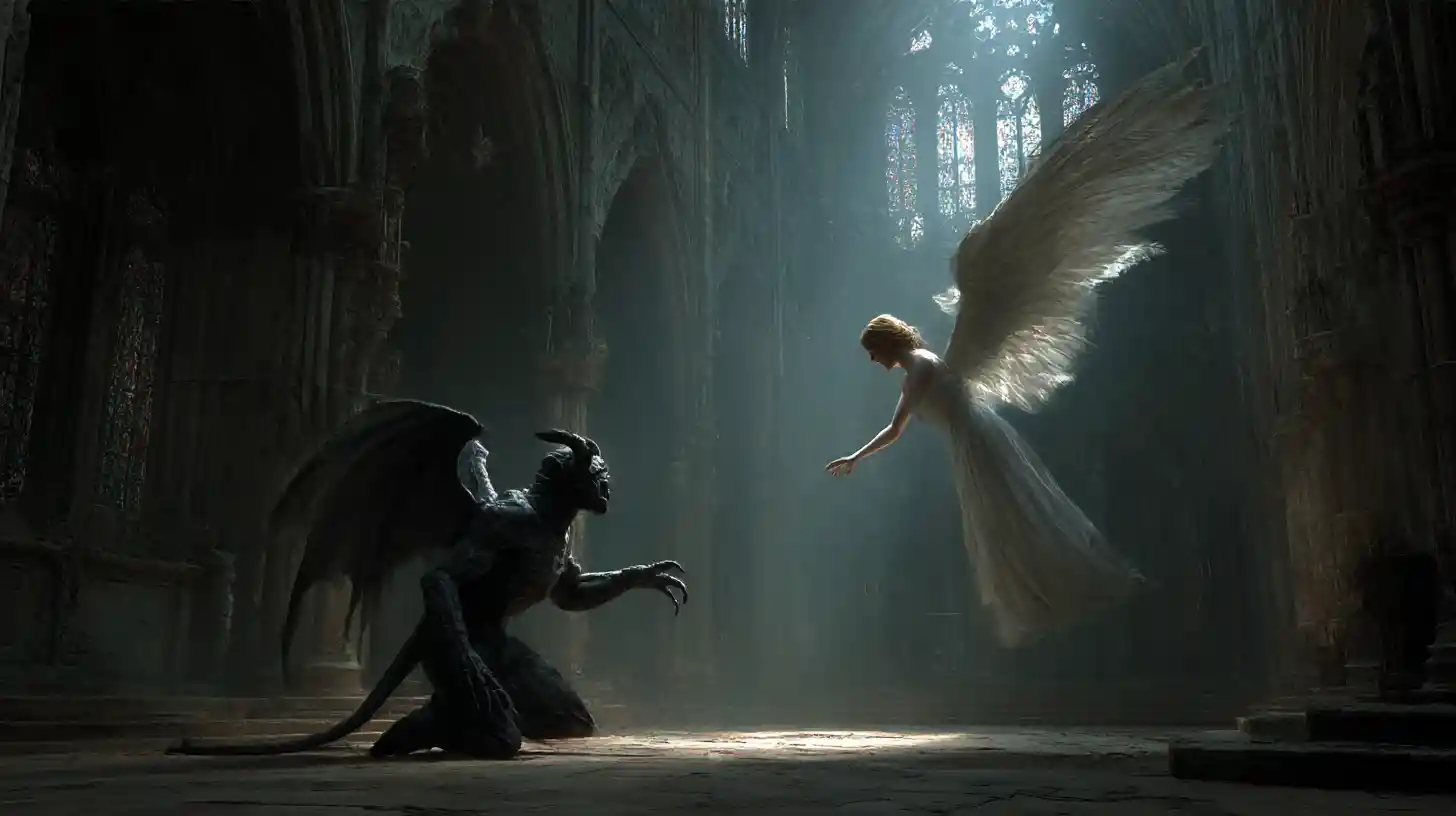 Demonio extendiendo la mano hacia un ángel en una catedral abandonada y radiante