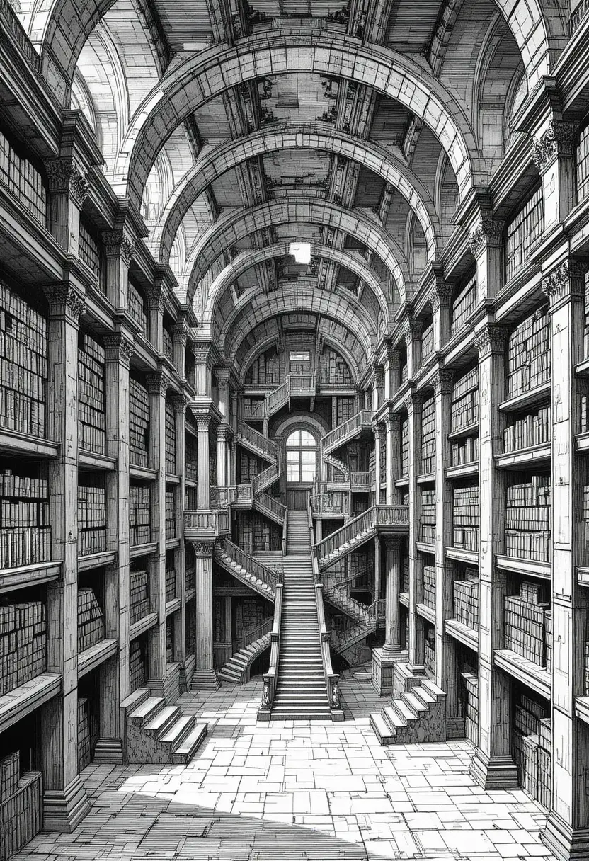 Escaleras Infinitas en una Colosal Biblioteca Laberíntica en Grabado