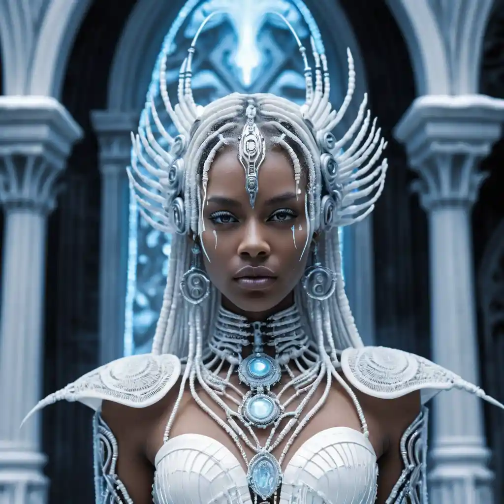 Princesse biomécanique dans une cathédrale sci‑fi bleu glace et nacrée
