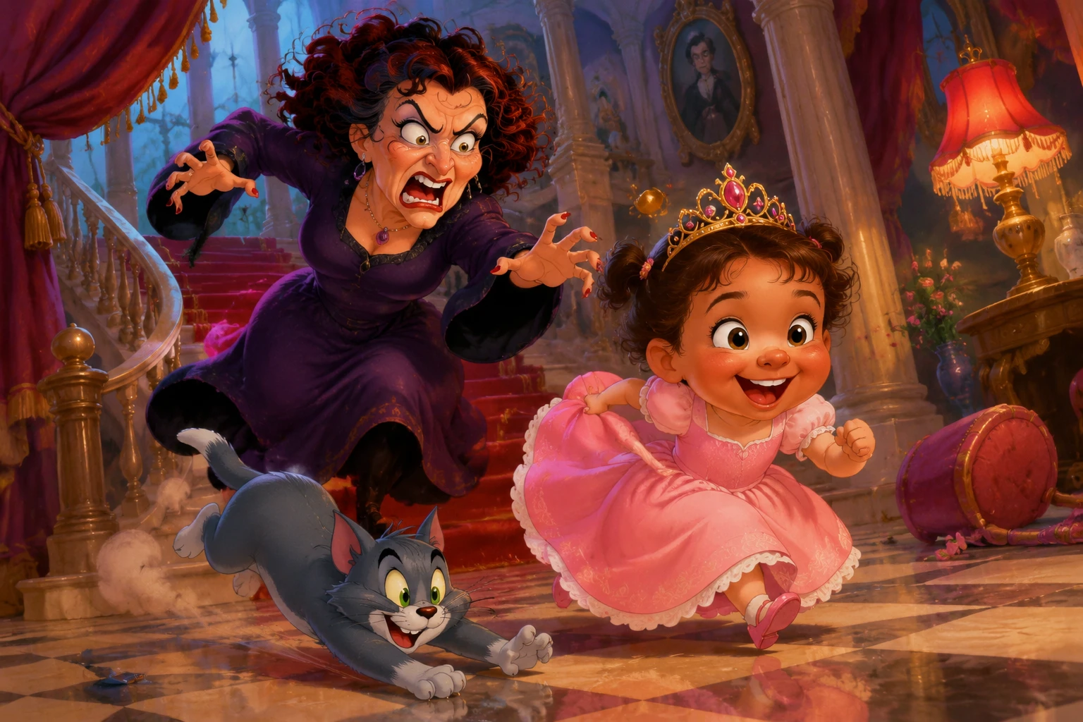 Pequeña princesa huyendo de una bruja cómica de dibujos animados