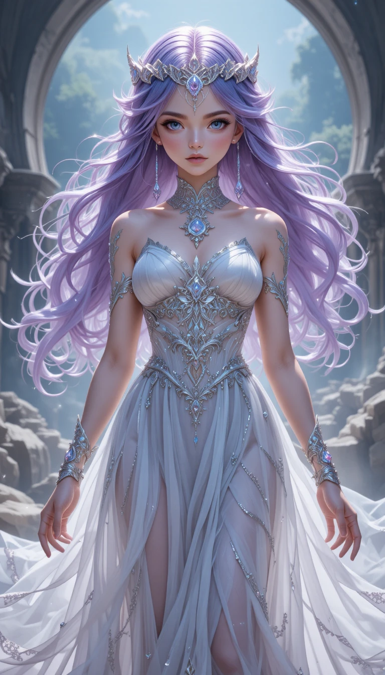 Garota fantasma de anime etérea com olhos prateados e coroa de cristal