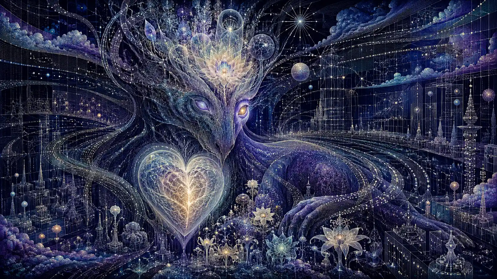 Surreal fantasy creature with glowing heart beyond measured patterns