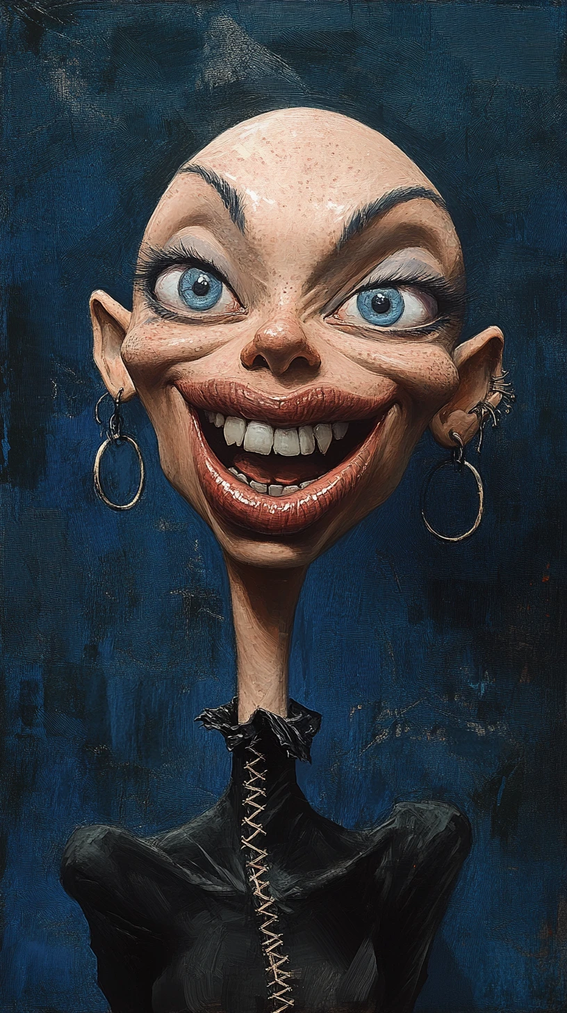 Dark fantasy caricature of a bald woman with long neck