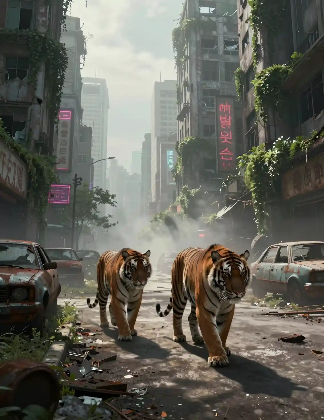 Bengalische Tiger streifen durch eine verlassene futuristische Megacity