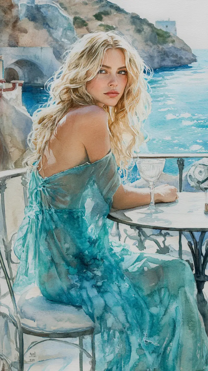 Menina em aquarela em mesa de bistrô à beira-mar em varanda grega
