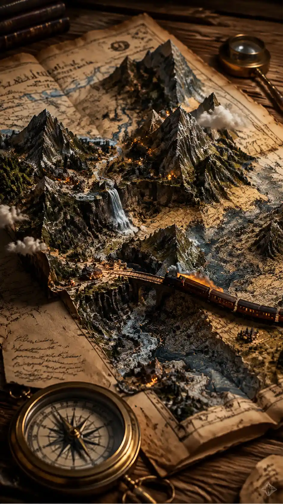Vista macro de um mapa mágico de explorador tornando-se terreno real