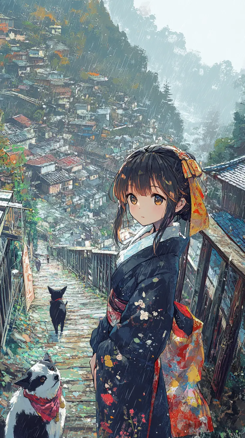 Garota de anime caminhando com um cachorro sobre uma ponte de madeira