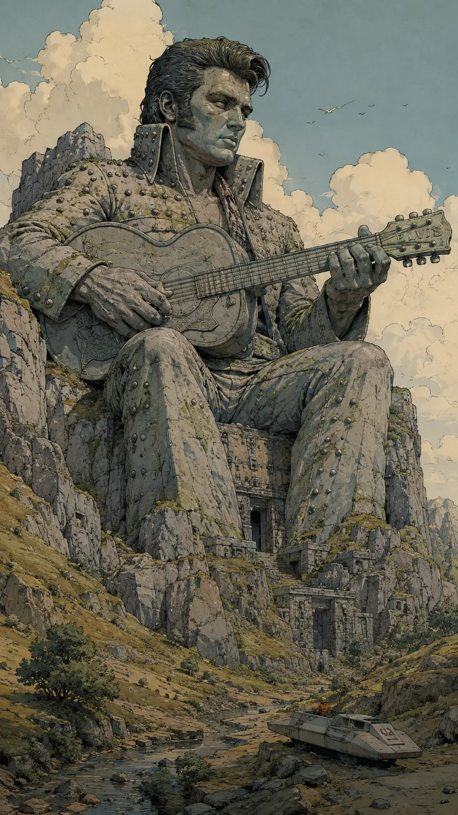 Figura colossal de guitarra em pedra esculpida em penhascos rochosos