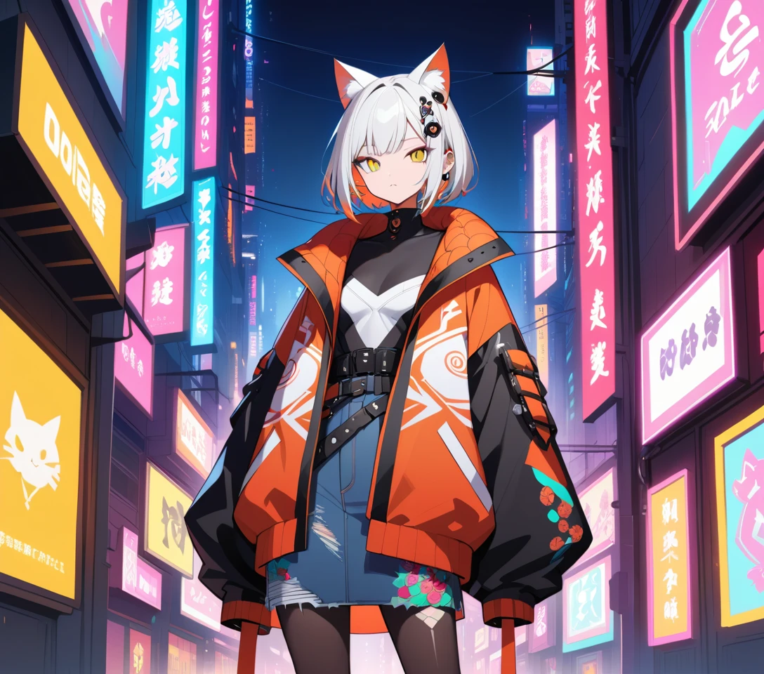 Futuristic cat human hybrid woman in neon city street