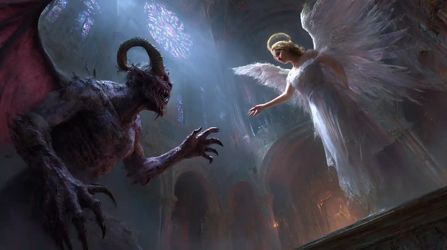 Ancient demon reaching toward a radiant heavenly angel