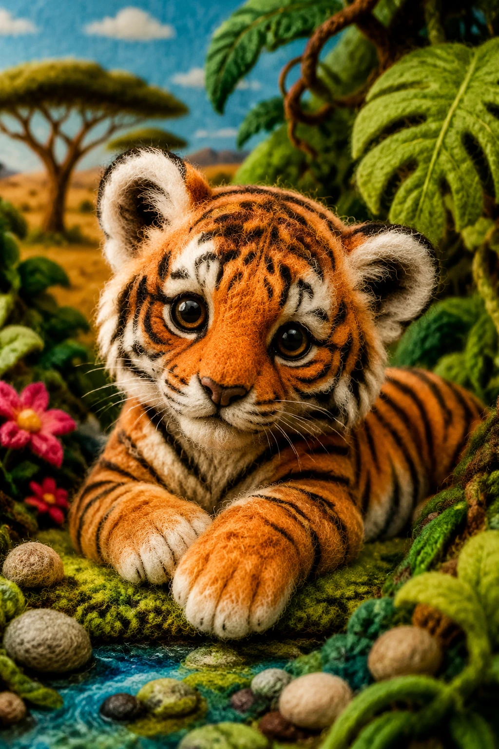 Adorável filhote de tigre em feltro de agulha relaxando em uma minúscula selva
