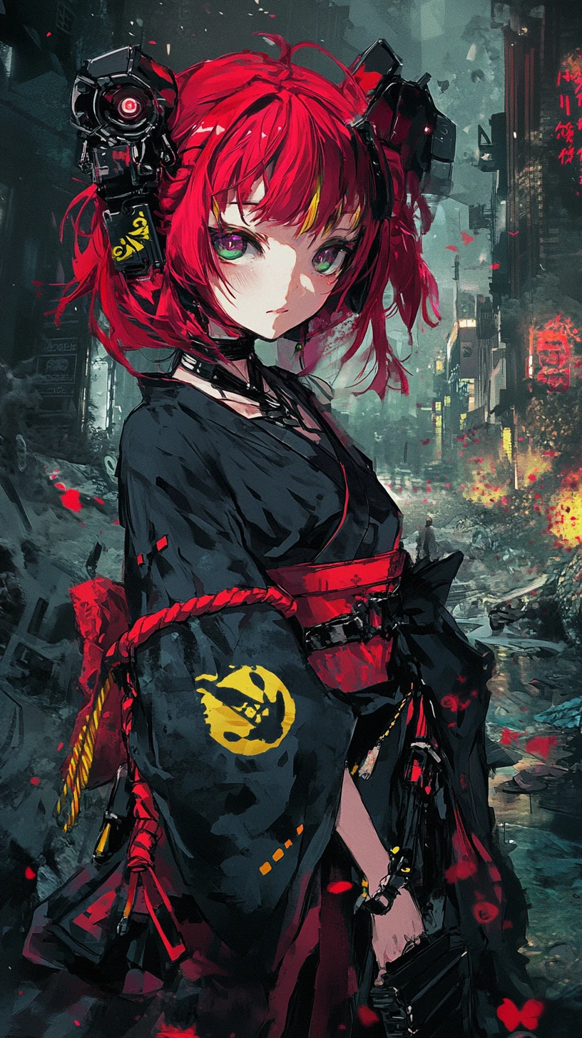 Chica de anime apuntando con un rifle en una zona de guerra en ruinas