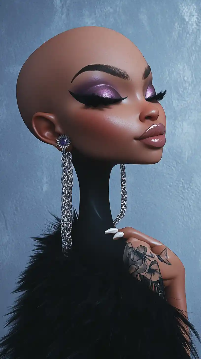 Glamorous bald woman in 3D stylized portrait profile