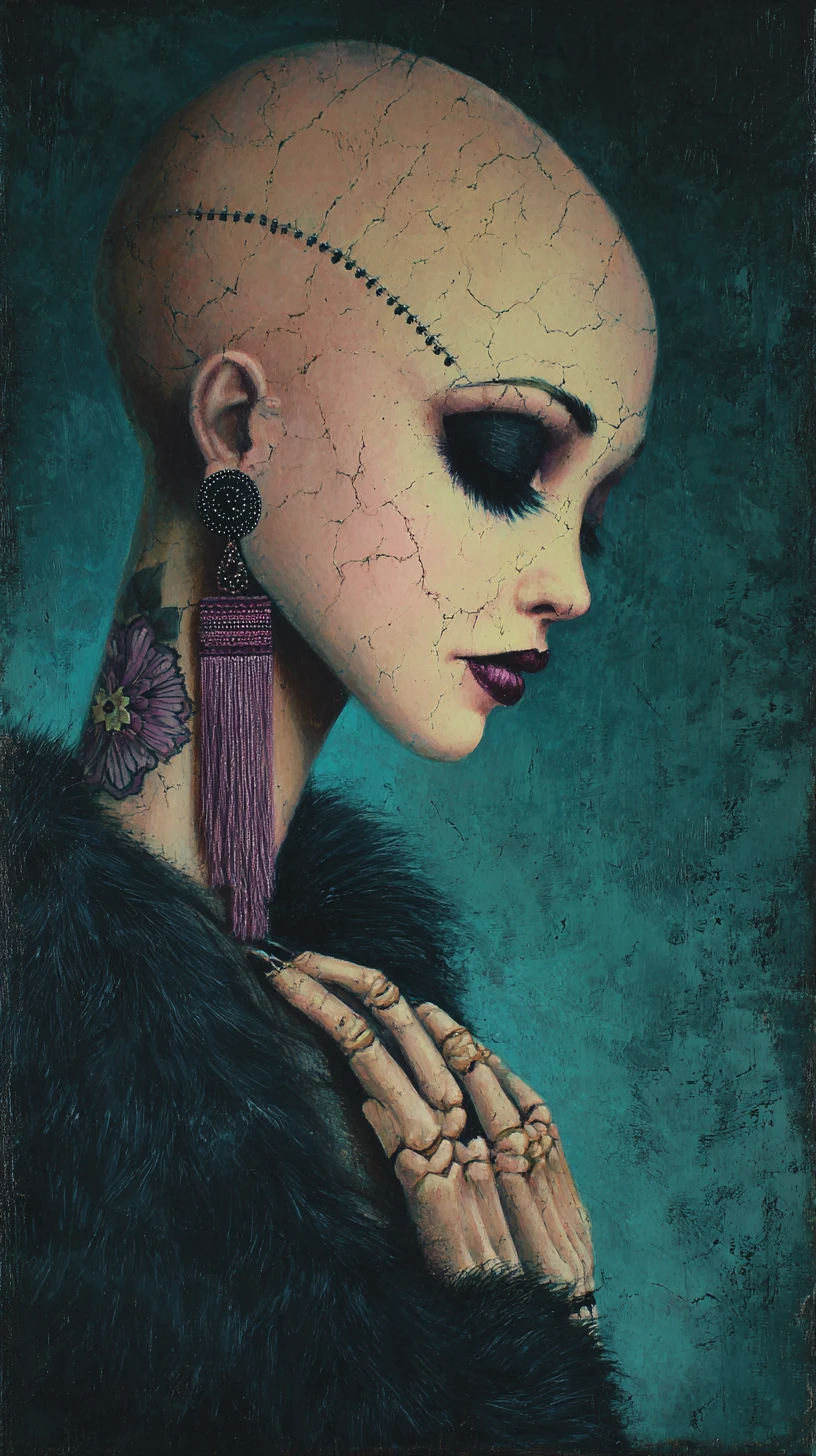 Retrato gótico surreal de una mujer de porcelana cosida