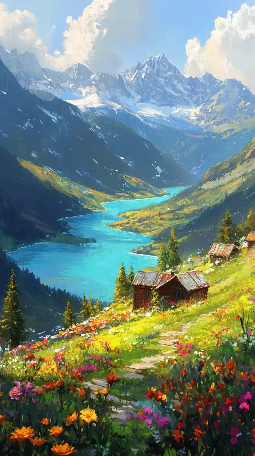 Alpine lake valley with wildflowers at golden hour