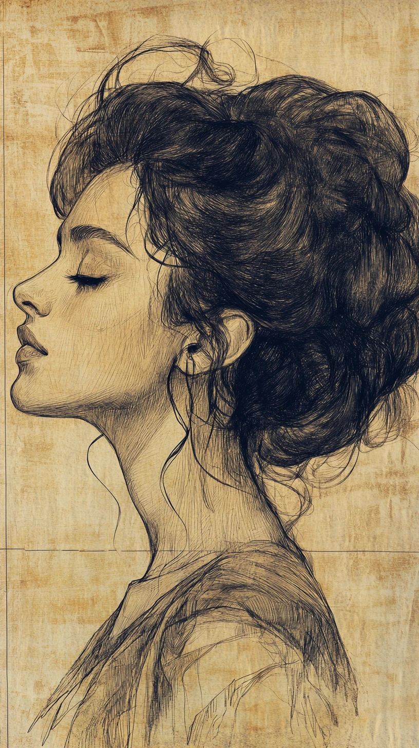Retrato de perfil en carbón de una mujer con cabello escultórico