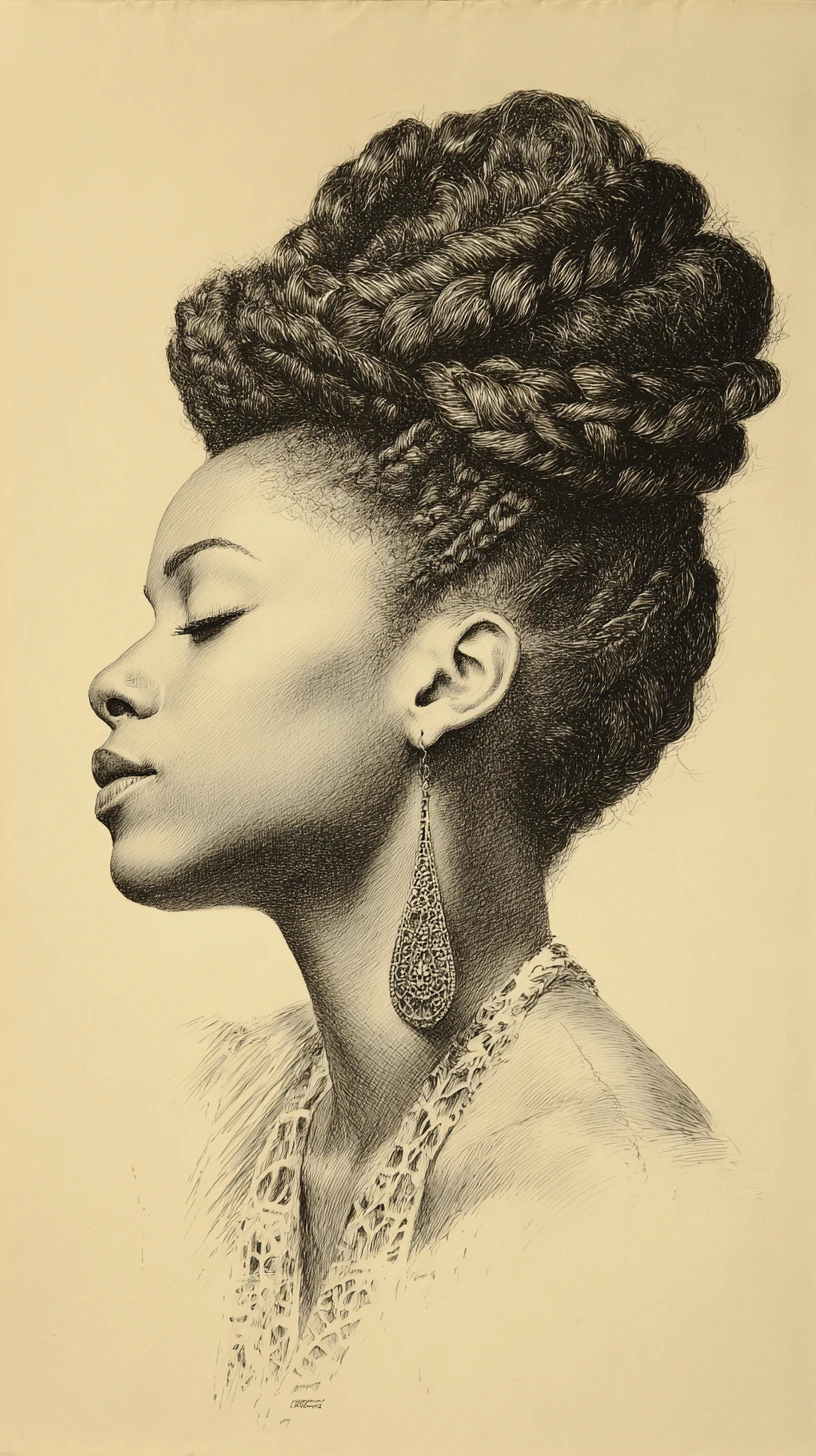 Retrato de perfil de una mujer negra con peinado de moño escultórico