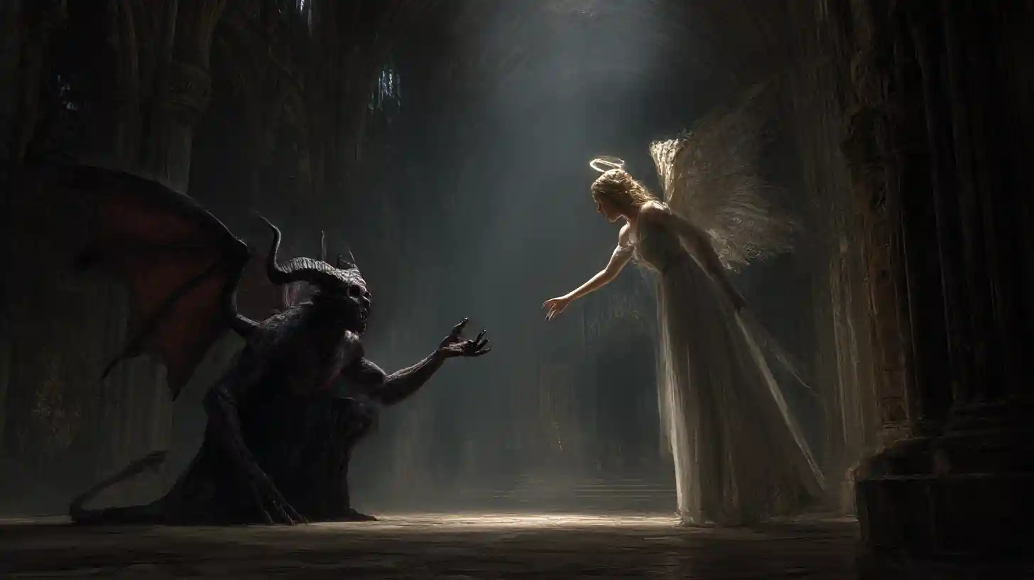 Ancient demon reaching for a heavenly angel in cathedral