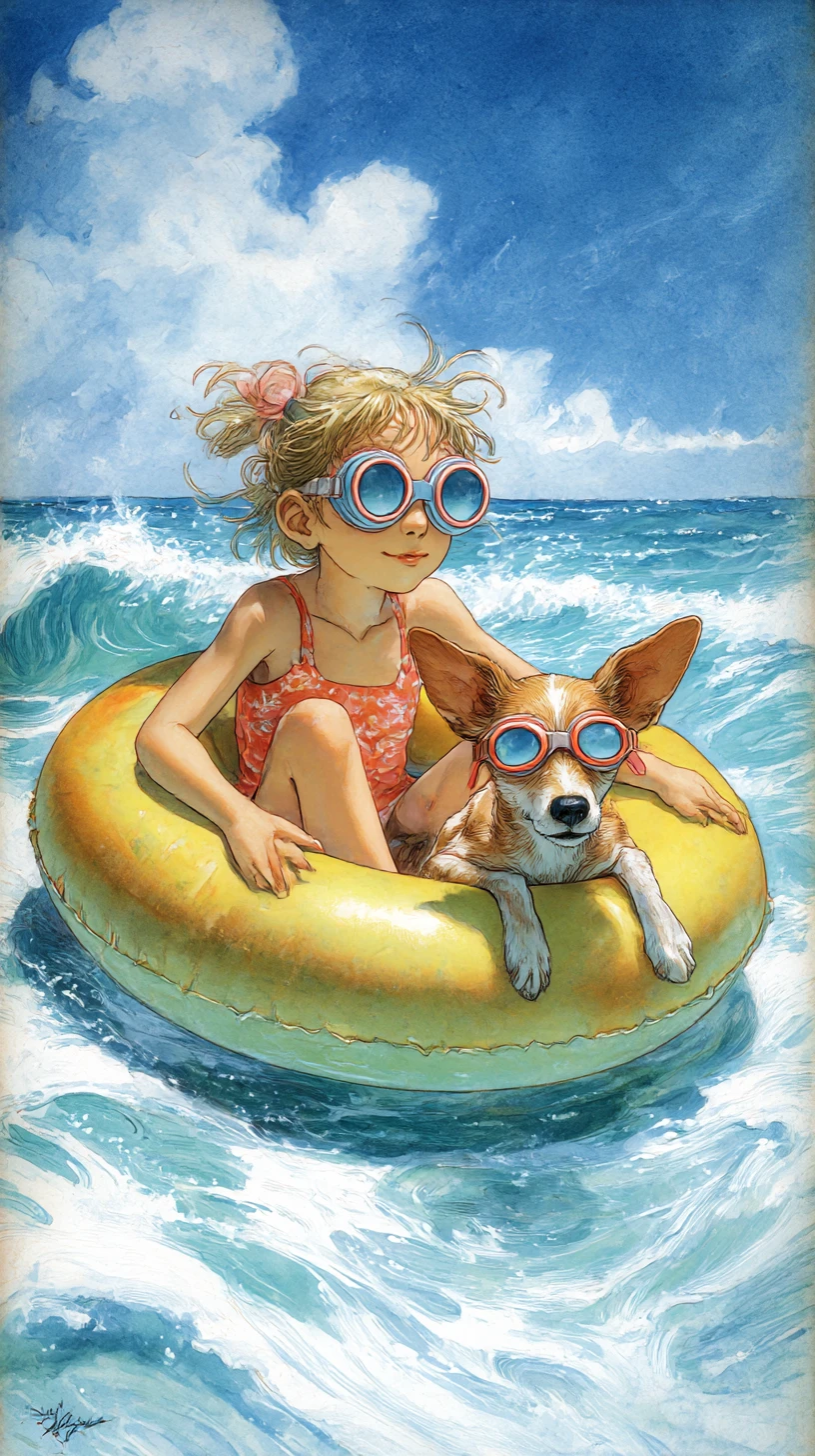 海で浮き輪に乗って遊ぶ女の子と犬