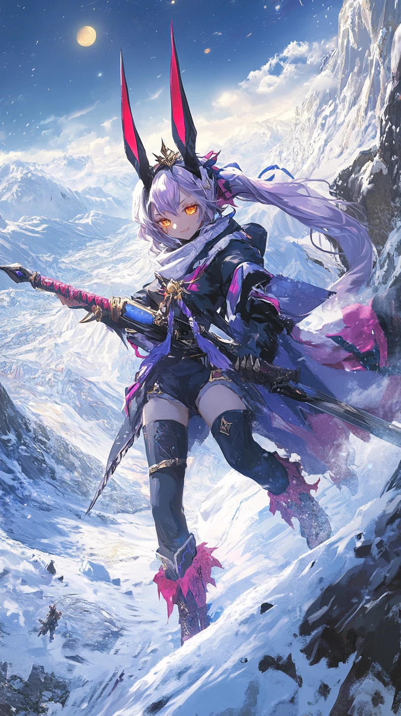 Chica de anime en pueblo nevado junto a una torre de acero
