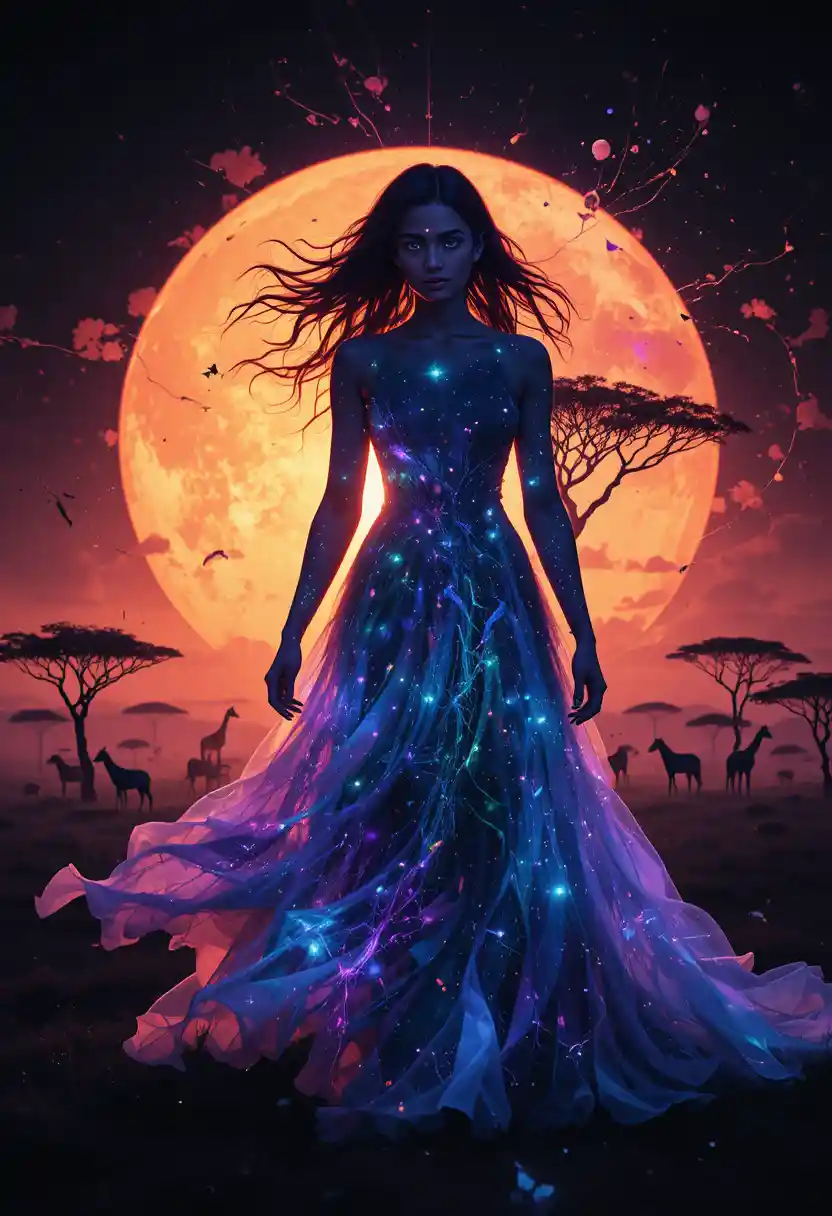 Mujer etérea fusionándose con el paisaje del atardecer en el Serengeti