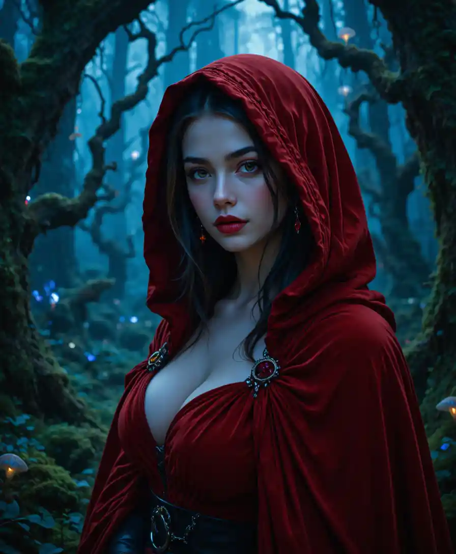 Enigmatic red hooded woman in a twilight fantasy forest