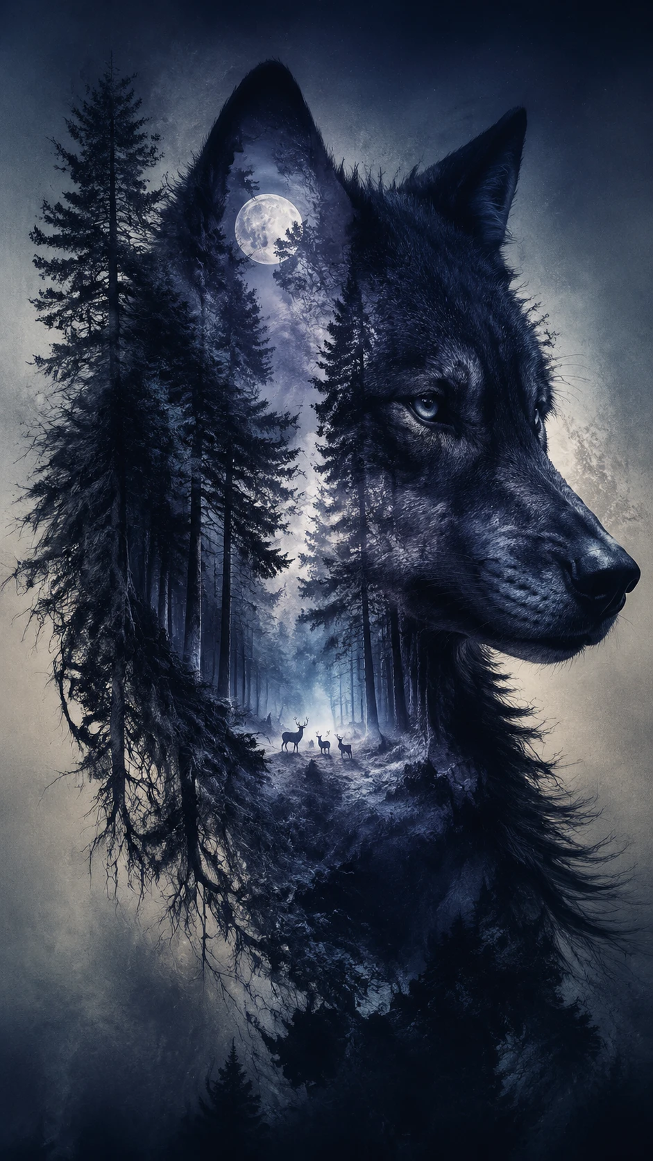 Surreale Wolfssilhouette, gefüllt mit einem uralten Dämmerwald