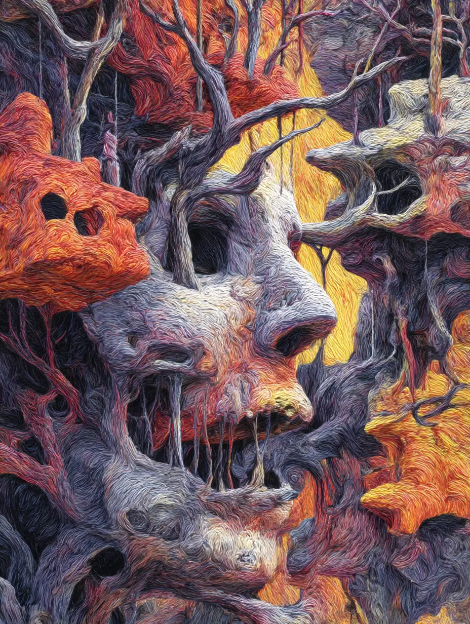 Formas humanas surreais retorcidas por paisagens abstratas oníricas