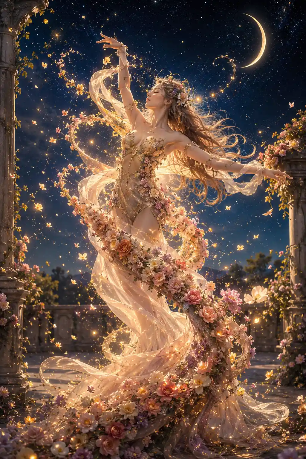 Ethereal woman dancing under a glowing starry night sky
