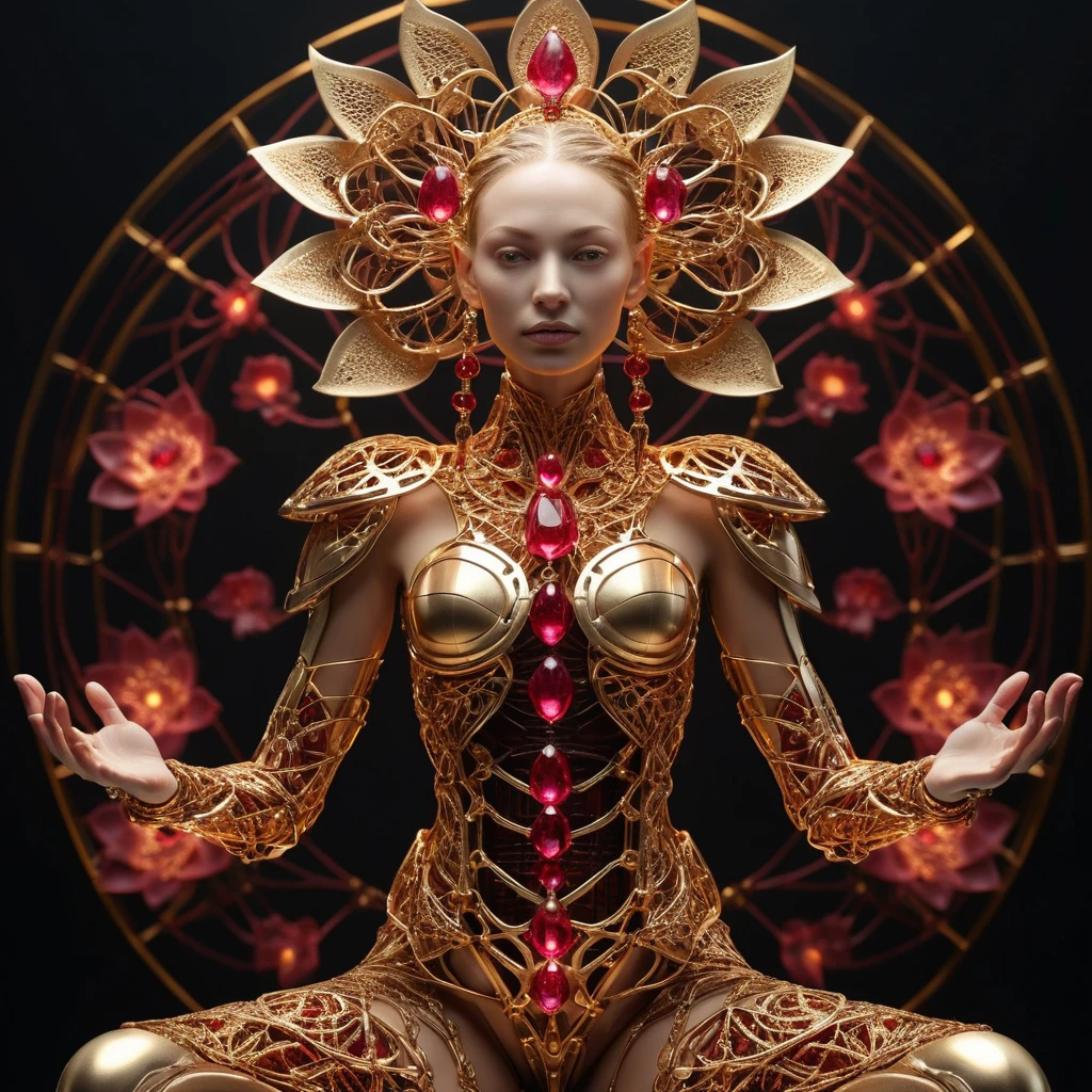 Reine cybernétique tenant un lotus mécanique lumineux