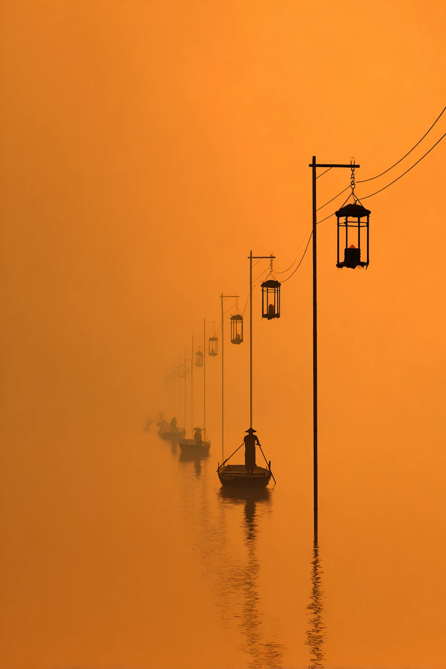 Río minimalista de bambú con barcos de faroles brillantes al atardecer