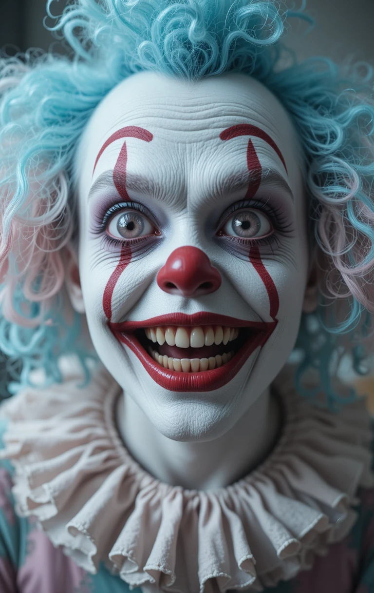 Sinister clown with blue hair and giant pastel eyes