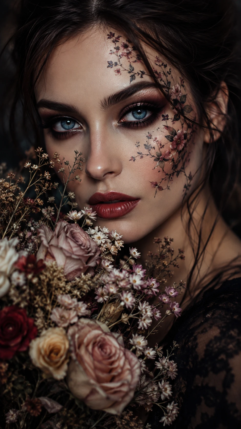Retrato em close-up de mulher com olhos azuis e flores