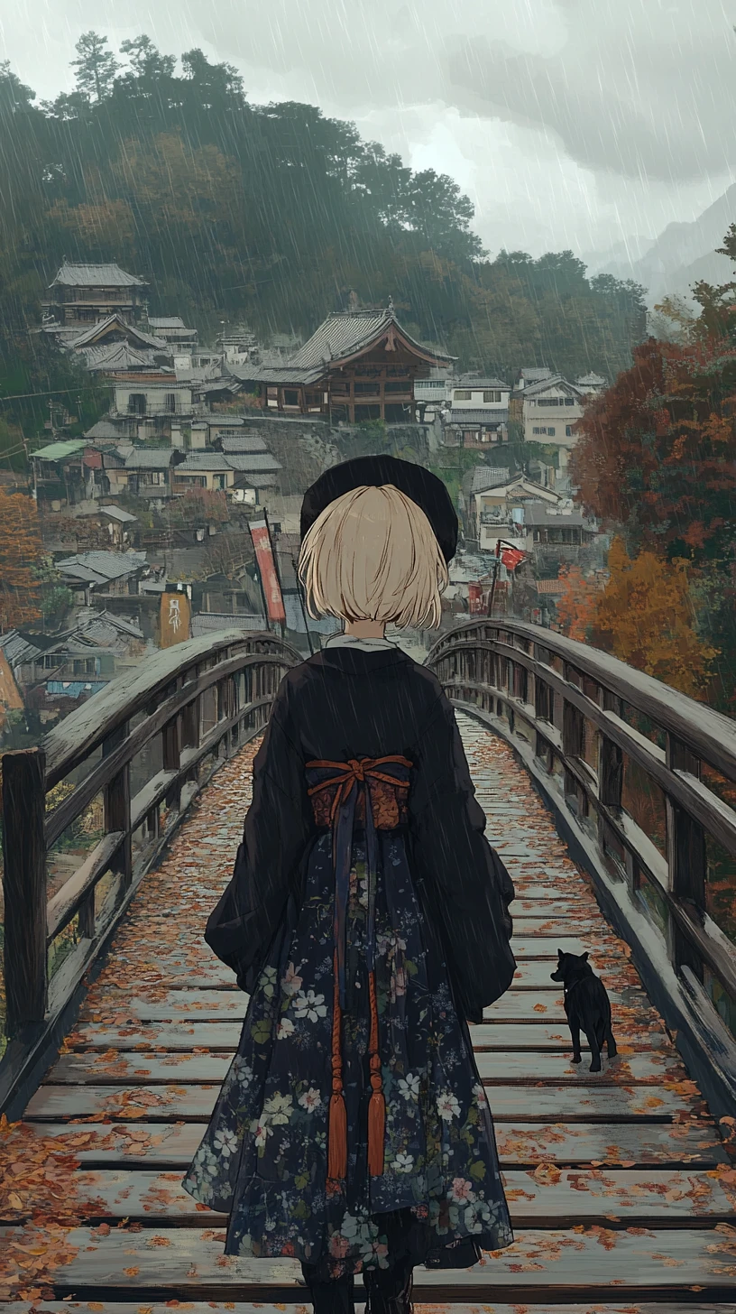 Chica de anime caminando con un perro sobre un puente de madera