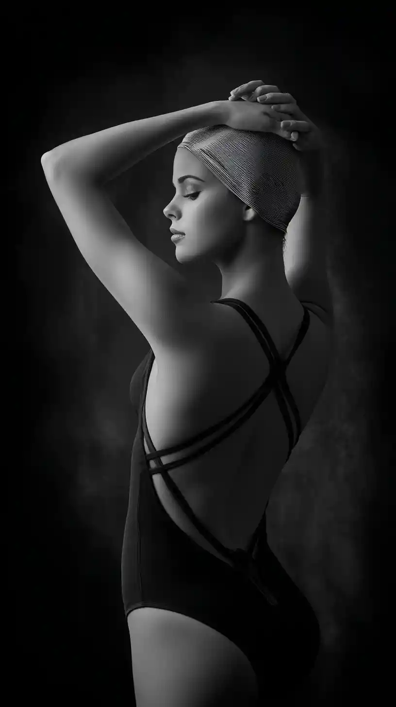 High contrast profile portrait of focused female swimmer