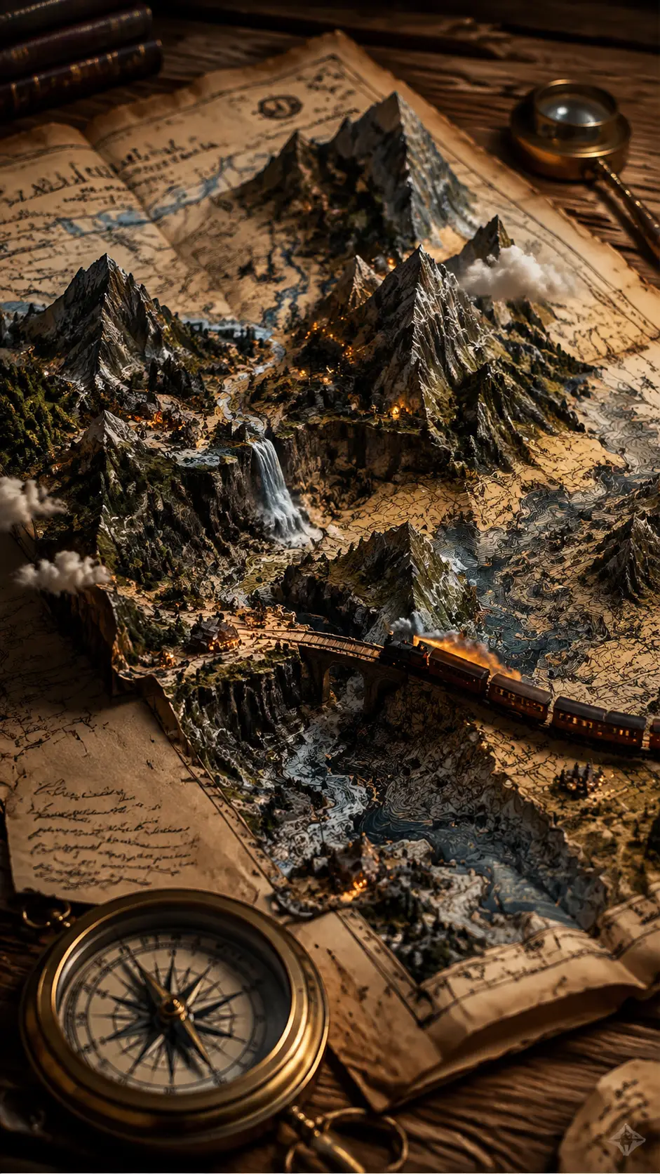 Vista macro de um mapa mágico de explorador tornando-se terreno real